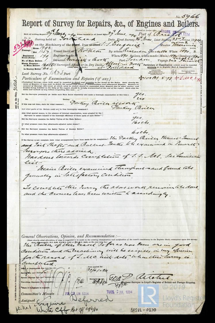 s.s. 'Eugenie' - Report of Survey for Repairs, &c. of Engines & Boilers for Eugenie - 27th June 1894.