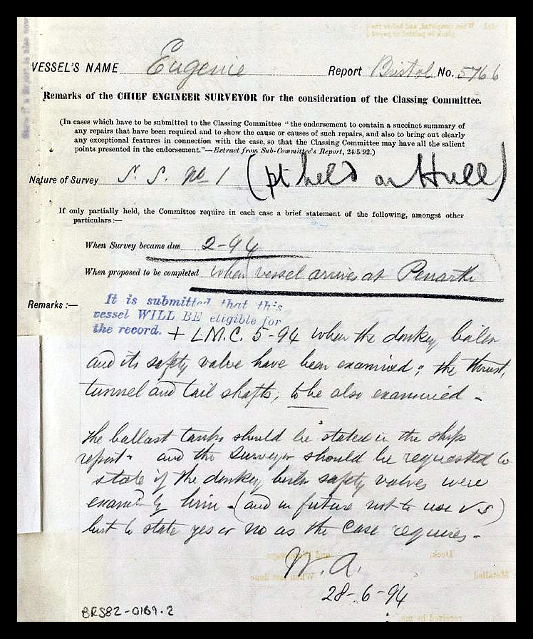 s.s. 'Eugenie' - Report of Survey for Repairs, &c. of Engines & Boilers for Eugenie - 27th June 1894.