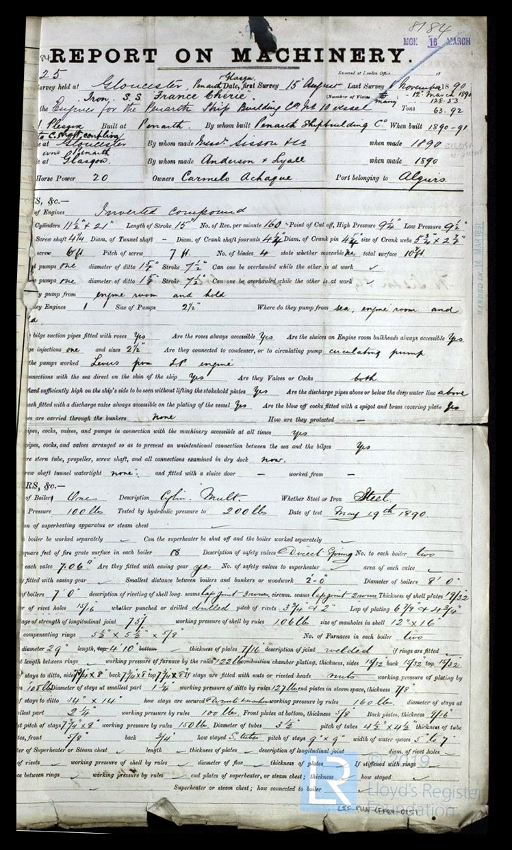 s.s. 'France Cherie' - Report on Machinery for France Ch&eacute;rie - 6th November 1890