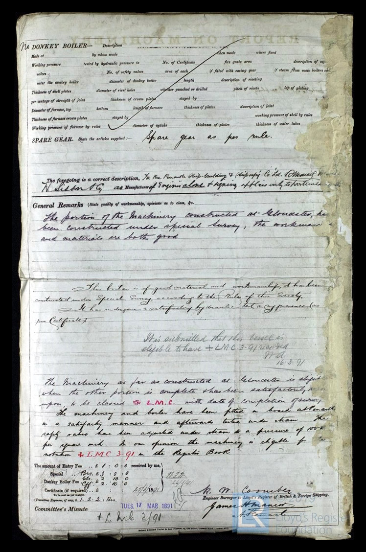 s.s. 'France Cherie' - Report on Machinery for France Ch&eacute;rie - 6th November 1890