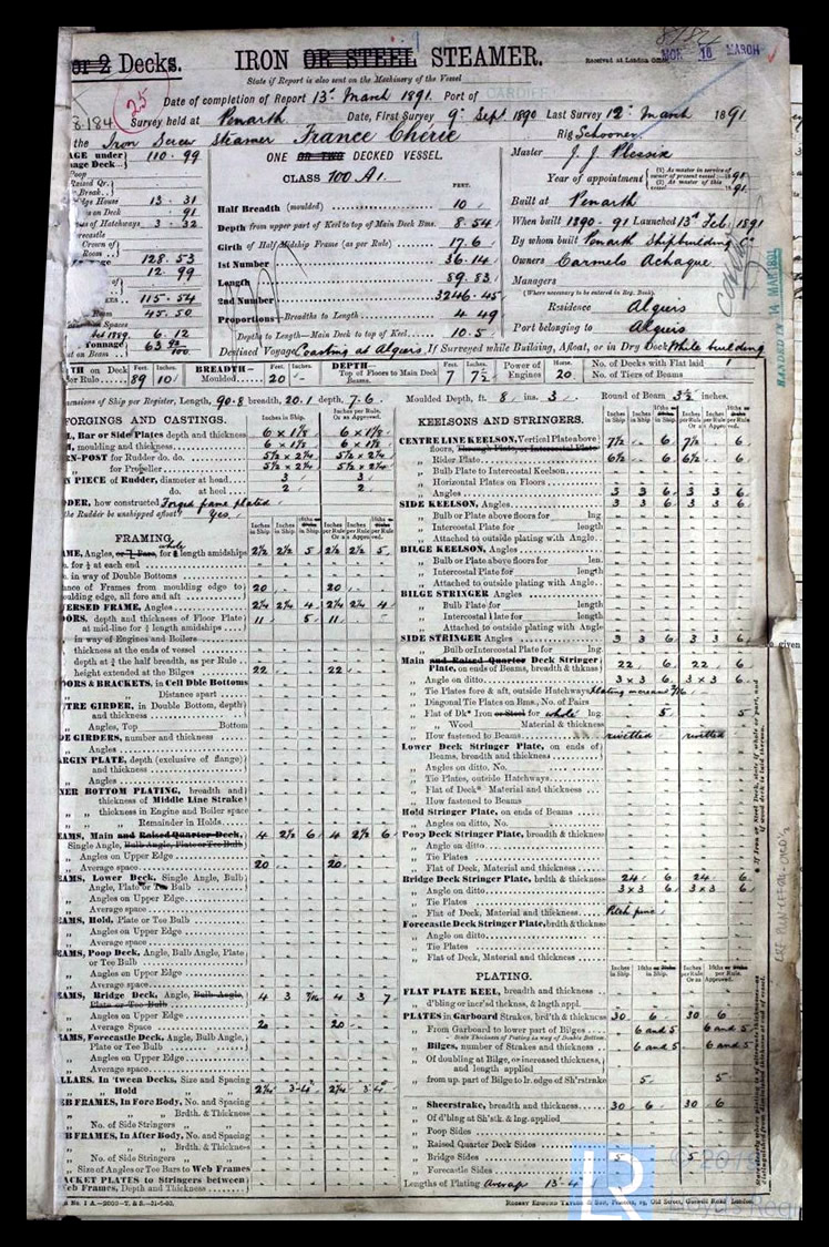 s.s. 'France Cherie' - Iron Steamer Report for France Cherie - 13th March 1891. - page 1 of 3. 
