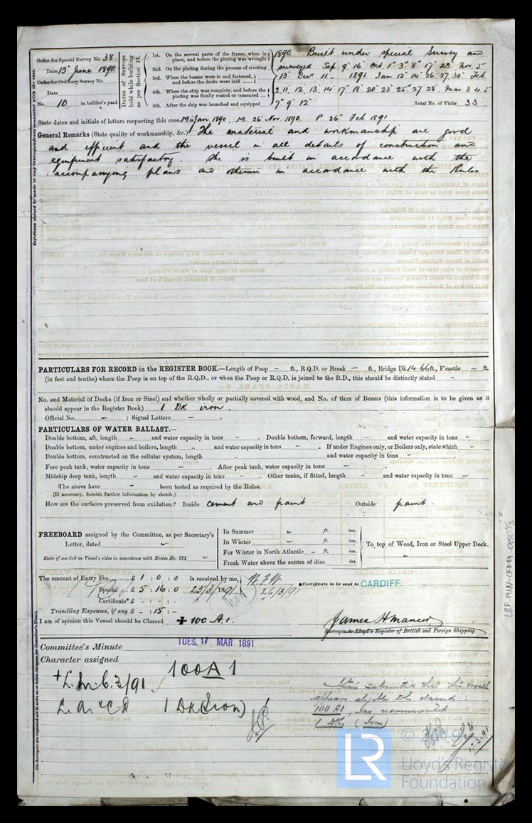 s.s. 'France Cherie' - Iron Steamer Report for France Cherie - 13th March 1891. - page 3 of 3. 