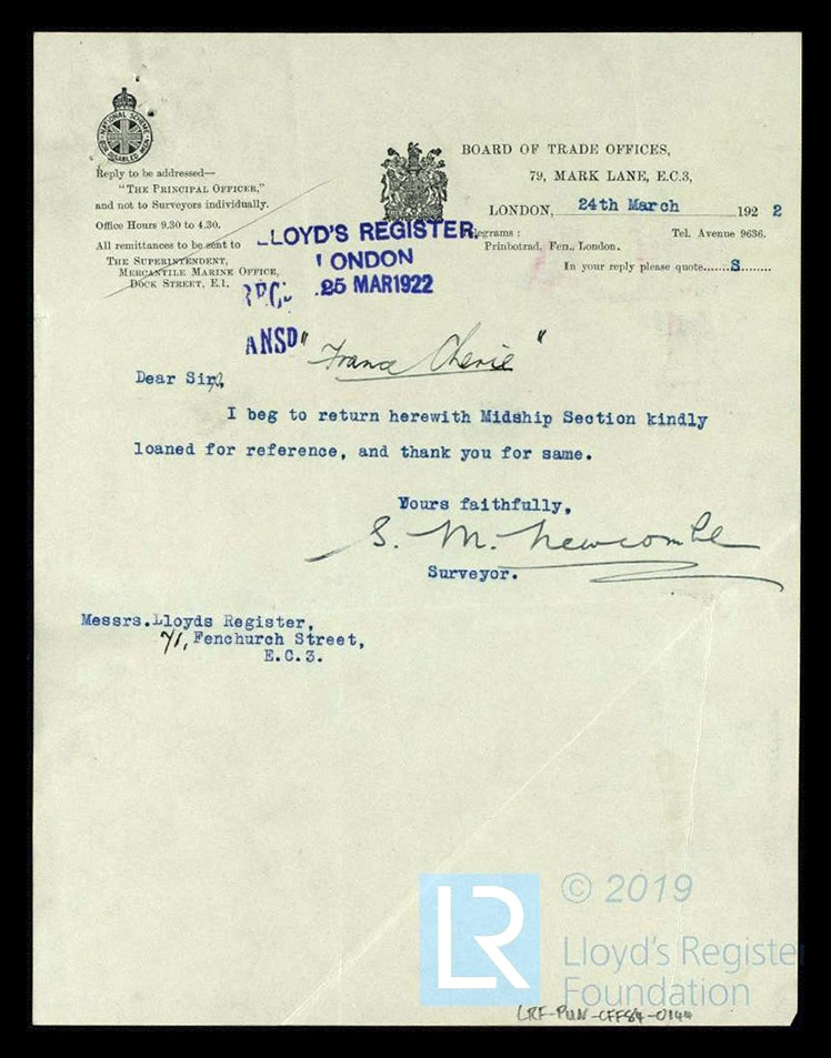s.s. 'France Cherie' - Letter from Surveyor S M Newcombe to Lloyds Register of Shipping, regarding the midship section plan for France Cherie - 24th March 1922.