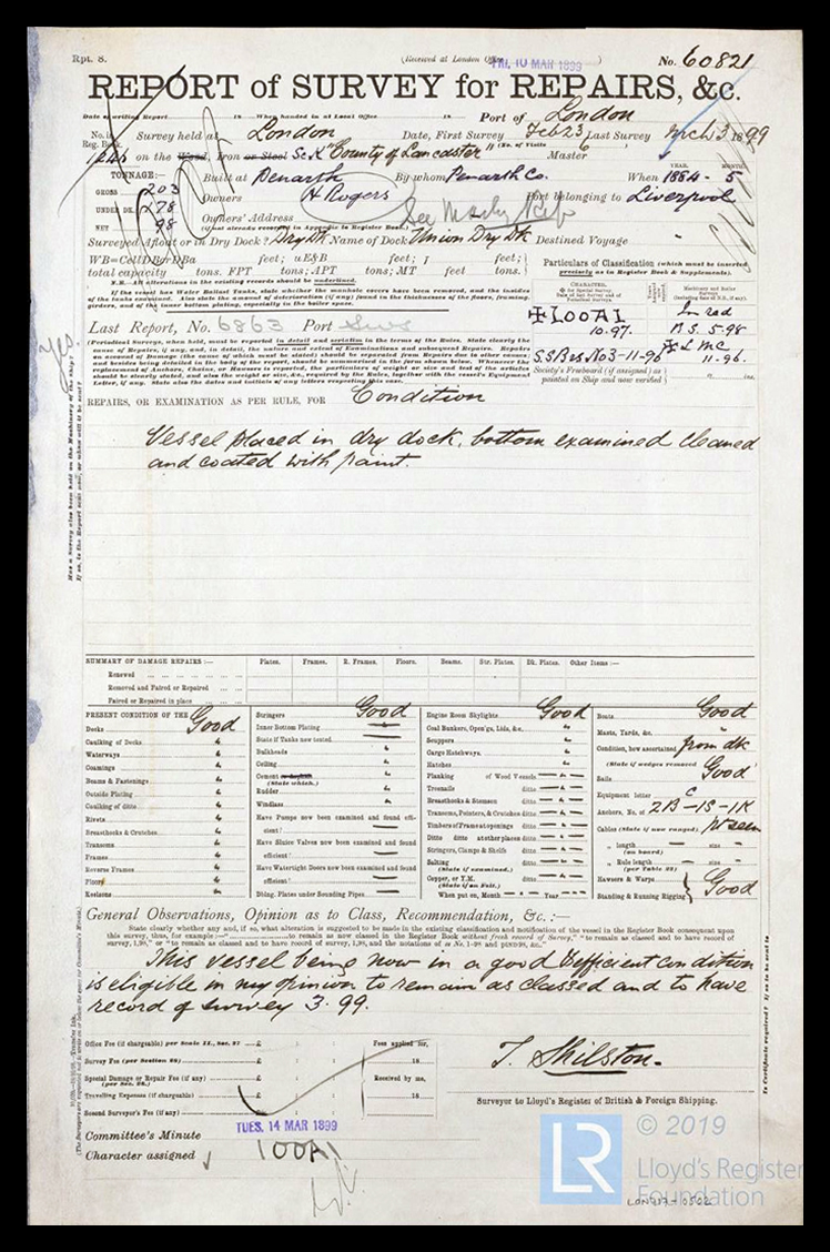 s.s. 'County of Lancaster' - Report of Survey for Repairs &c. for County of Lancaster - 3rd March 1899.