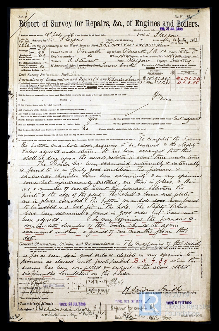 s.s. 'County of Lancaster' - Report of Survey for Repairs, &c. of Engines & Boilers for County of Lancaster - 19th July 1899.