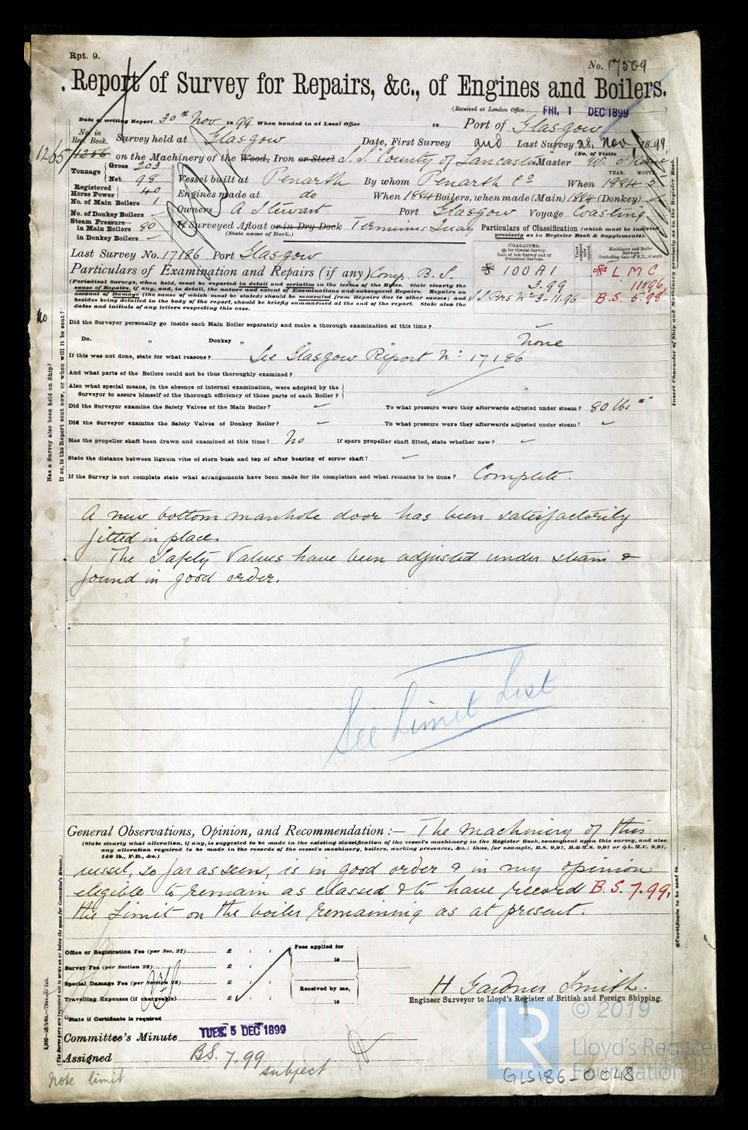 s.s. 'County of Lancaster' - Report of Survey for Repairs &c. Engines & Boilers for County of Lancaster - 30th November 1899.