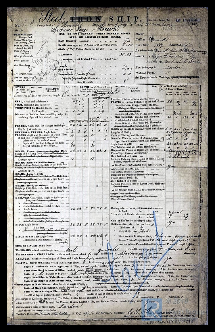 s.s. 'Hawk' - Steel Ship Report for Hawk - 13th September 1887 -&nbsp;page 1 of 2. 