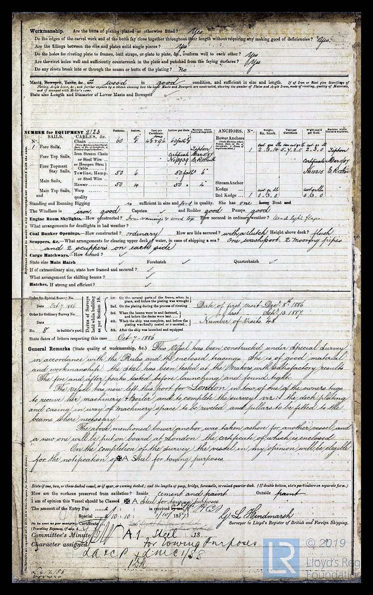 s.s. 'Hawk' - Steel Ship Report for Hawk - 13th September 1887 -&nbsp;page 2 of 2. 