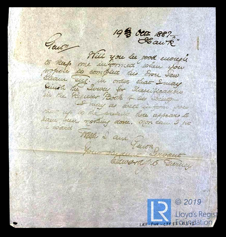 s.s. 'Hawk' - Letter from surveyor Edward J. Tierney to unspecified recipients requesting notification of completion of Hawk - 19th October 1887.