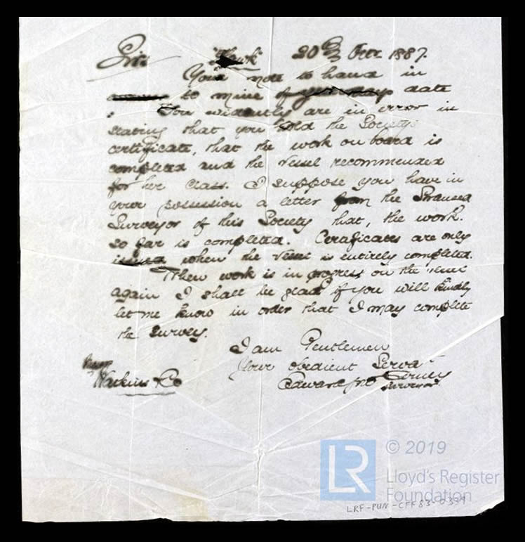 s.s. 'Hawk' - Letter from Edward J. Tierney, Surveyor, to Watkins & Co, London Shipowners, requesting notification of completion of Hawk - 20th October 1887. 