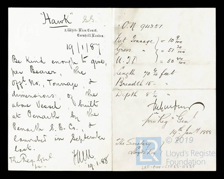 s.s. 'Hawk' - Memo regarding official number, tonnage & dimensions for Hawk - 19th January 1888. 