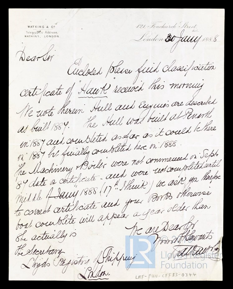 s.s. 'Hawk' - Letter from Watkins & Co, London Shipowners, to the Secretary of Lloyd's Register London, requesting correction on the classification certificate regarding hull & engines for Hawk - 30th January 1888. 