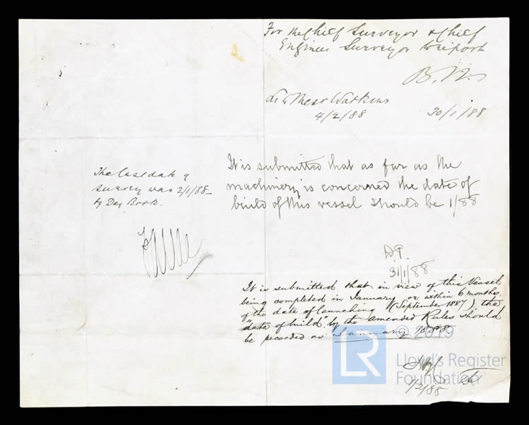 s.s. 'Hawk' - Letter from Watkins & Co, London Shipowners, to the Secretary of Lloyd's Register London, requesting correction on the classification certificate regarding hull & engines for Hawk - 30th January 1888. 
