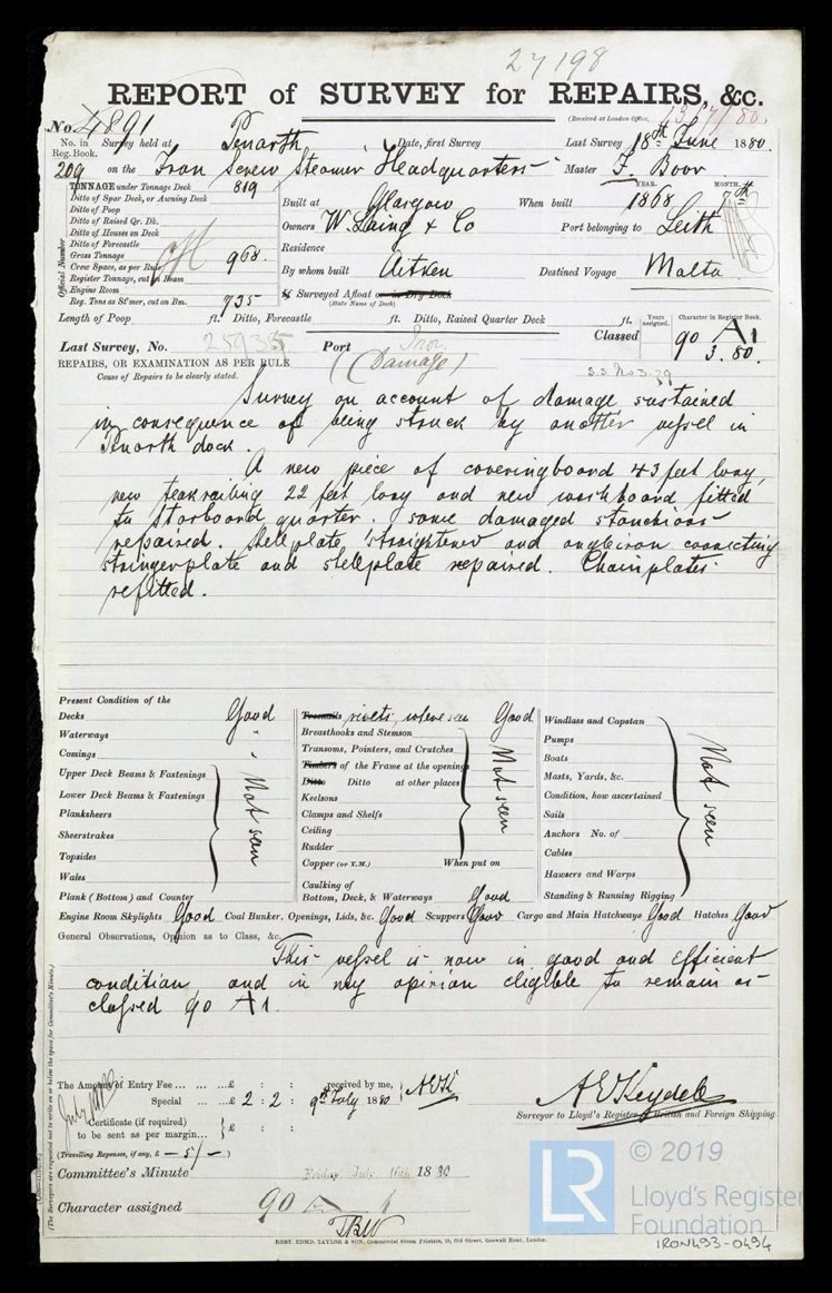 s.s. 'Headquarters' - Report of Survey for Repairs, &c. for Headquarters - 18th June 1880. 