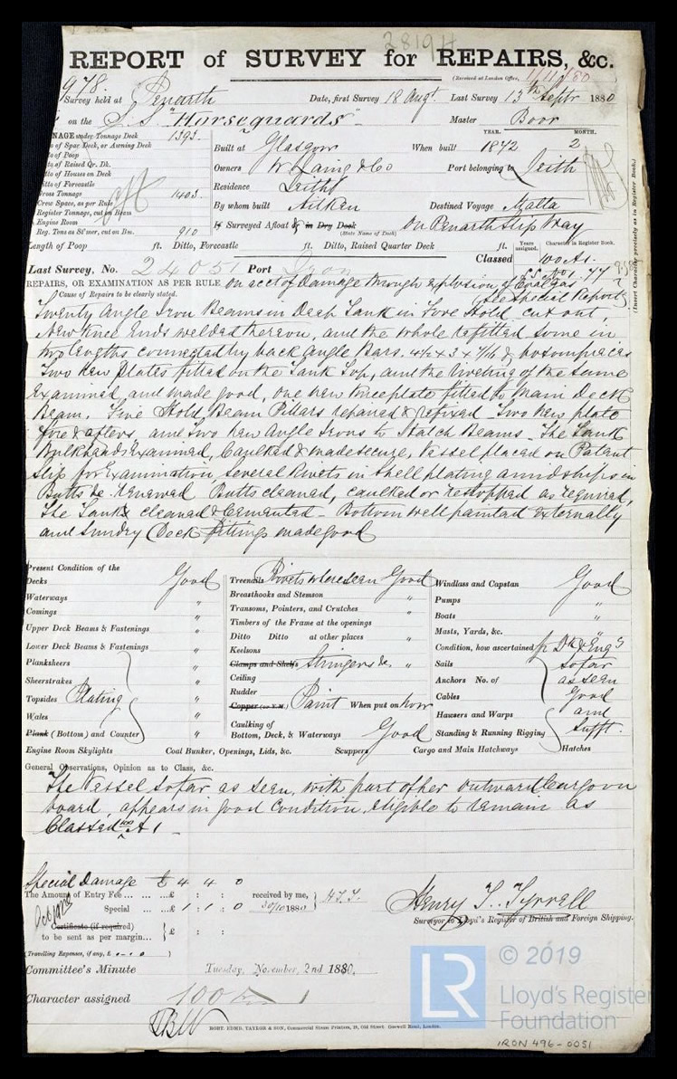 s.s. 'Horseguards' - Report of Survey for Repairs, &c. for Horseguards - 13th September 1880. 