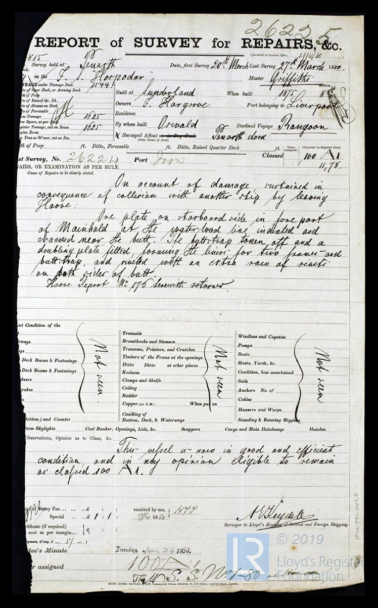 s.v. 'Hospodar' - Report of Survey for Repairs, &c. for Hospodar - 27th March 1880. 