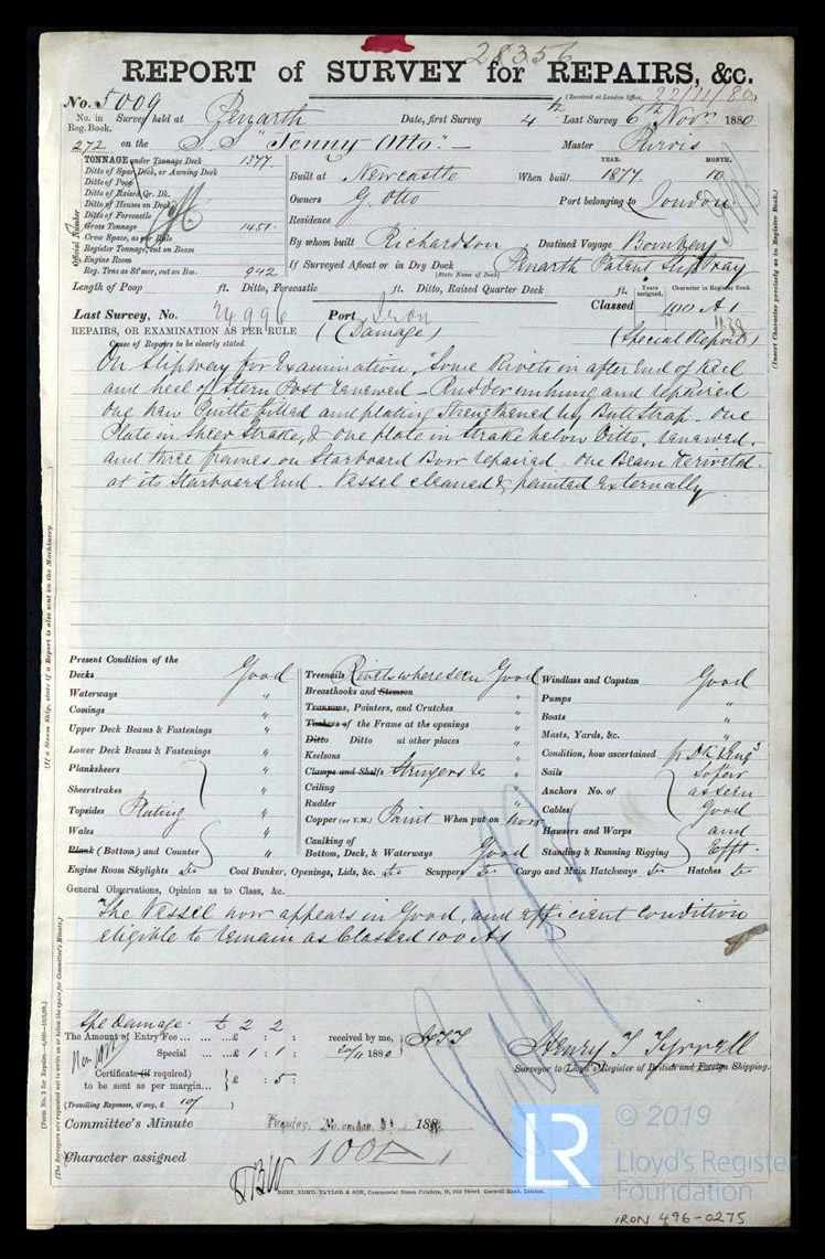 s.s. 'Jenny Otto' - Report of Survey for Repairs, &c. for Jenny Otto - 6th November 1880. 