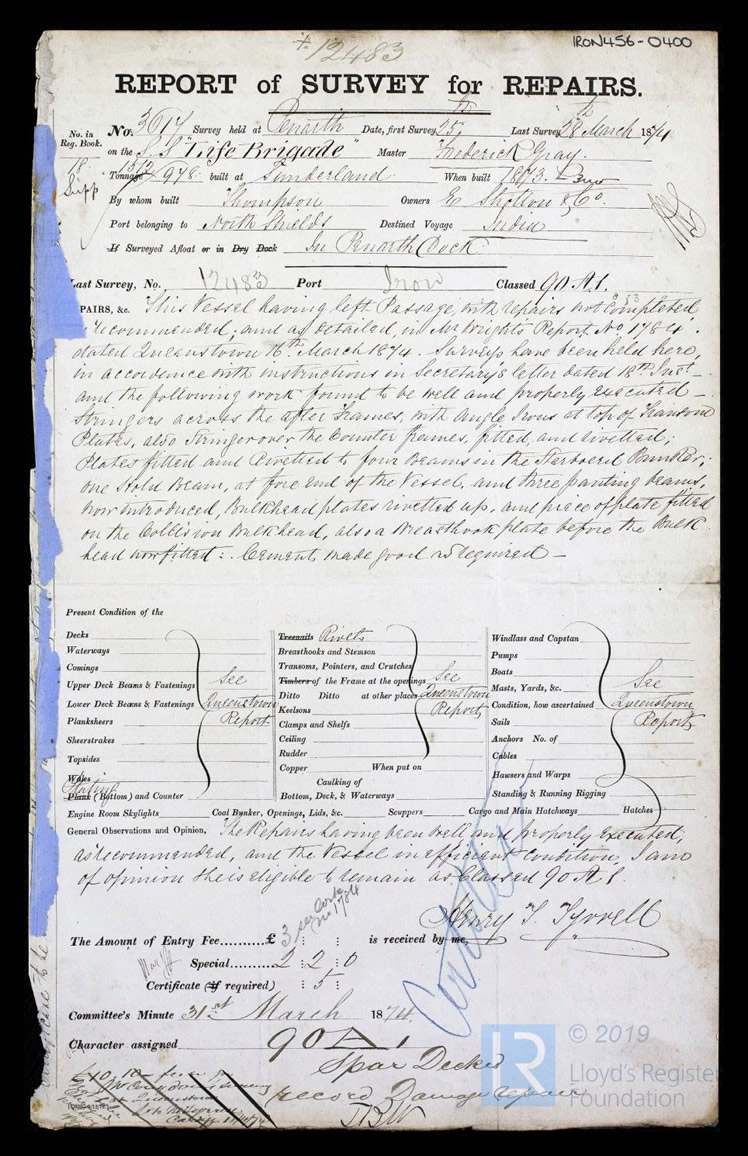 s.s. 'Life Brigade' - Report of Survey for Repairs for Life Brigade - 28th March 1874. 