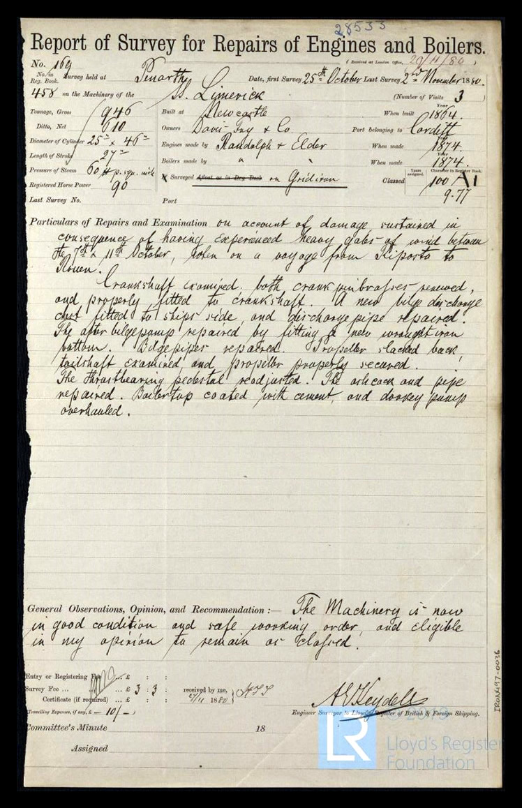 s.s. 'Limerick' - Report of Survey for Repairs of Engines & Boilers for Limerick - 2nd November 1880.