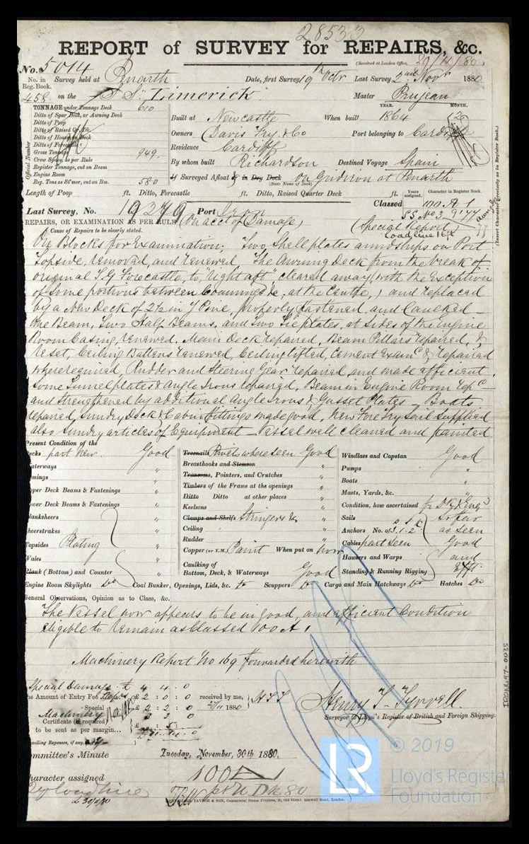 s.s. 'Limerick' - Report of Survey for Repairs, &c. for Limerick - 2nd November 1880.
