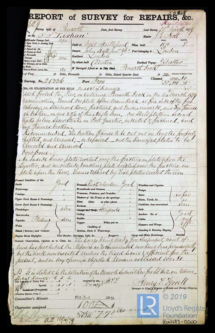 s.s. 'Lisbon' - Report of Survey for Repairs, &c. for Lisbon - 25th March 1879. 