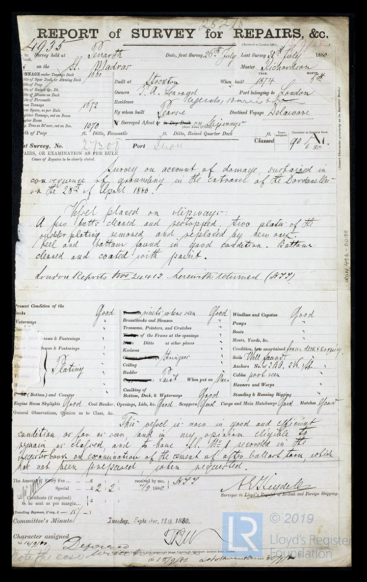 s.s. 'Madras' - Report of Survey for Repairs, &c. for Madras - 30th July 1880.