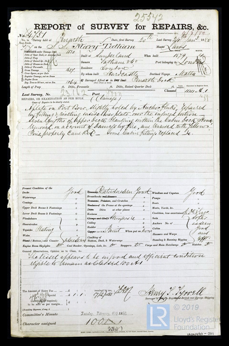 s.s. 'Mary Tatham' - Report of Survey for Repairs, &c. for Mary Tatham - 24th January 1880.