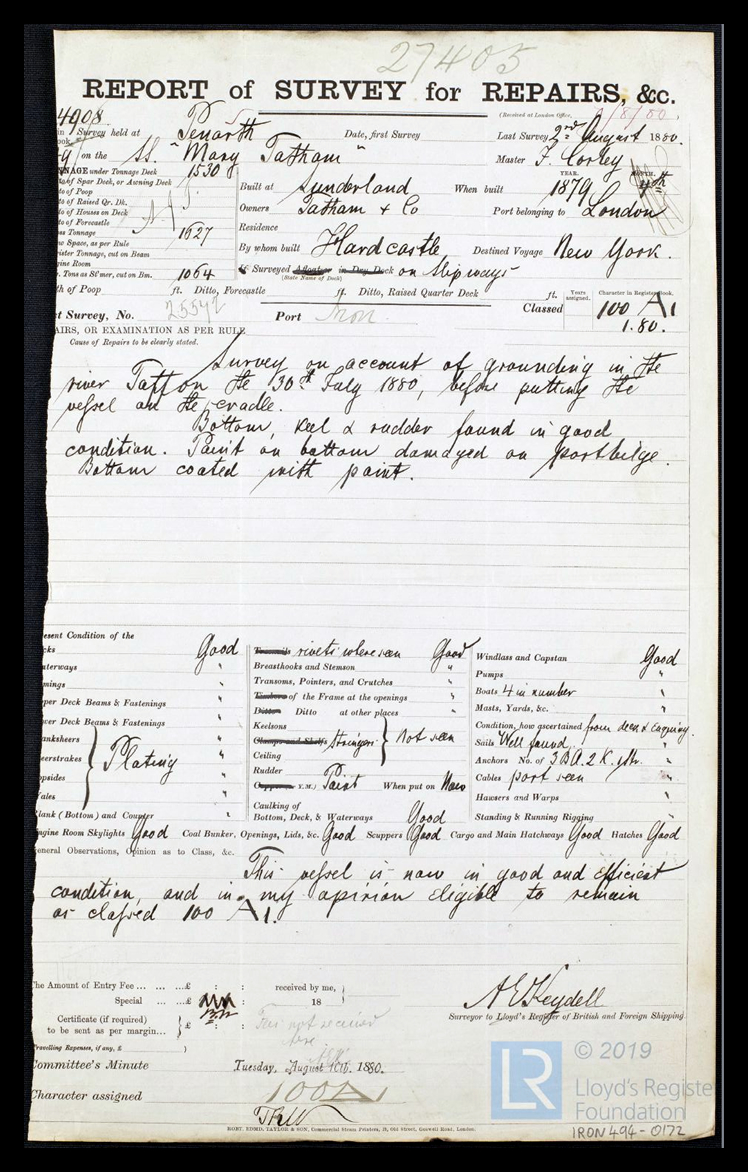 s.s. 'Mary Tatham' - Report of Survey for Repairs, &c. for Mary Tatham - 2nd August 1880.
