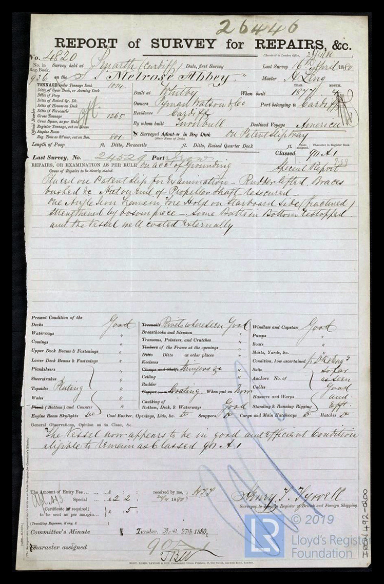 s.s. 'Melrose Abbey' - Report of Survey for Repairs, &c. for Melrose Abbey - 16th April 1880.