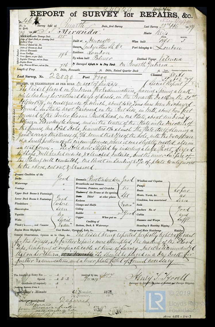 s.s. 'Miranda' - Report of Survey for Repairs, &c. for Miranda - 23rd October 1879. 