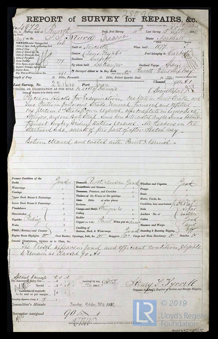 s.s. 'Mora' - Report of Survey for Repairs, &c. for Mora / Triana - 15th September 1880. 