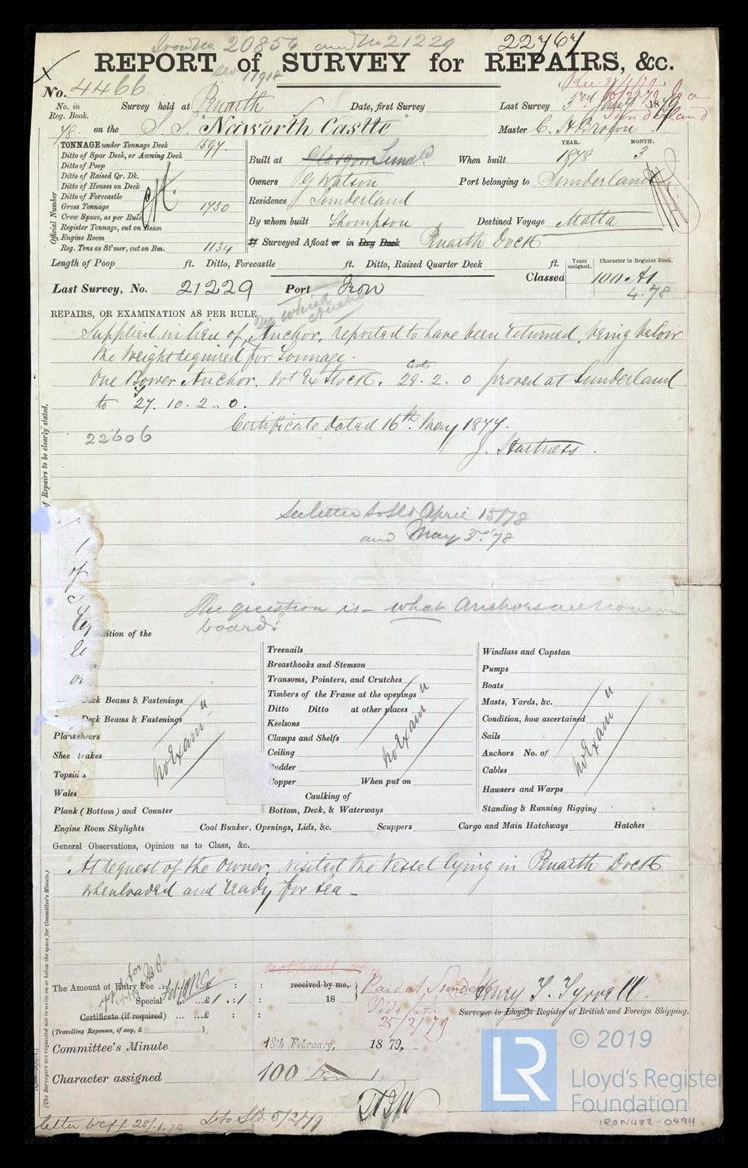 s.s. 'Naworth Castle' - Report of Survey for Repairs, &c. for Naworth Castle - 3rd January 1879. 