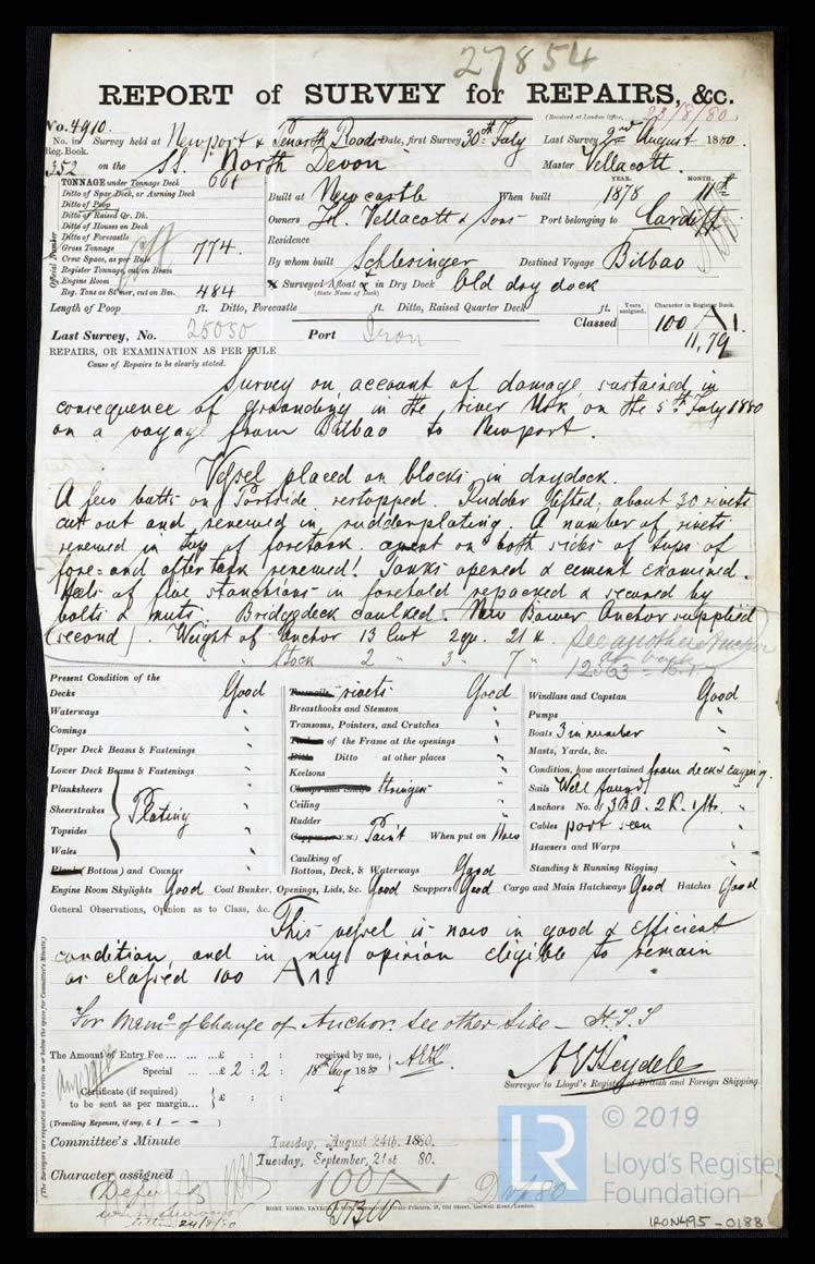 s.s. 'North Devon' - Report of Survey for Repairs, &c. for North Devon - 2nd August 1880 - page 1 of 2. 