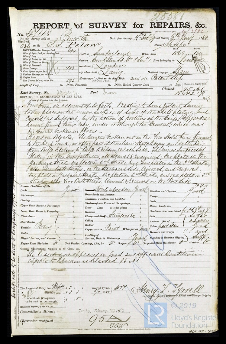s.s. 'Pelaw' - Report of Survey for Repairs, &c. for Pelaw - 6th January 1880 - page 1 of 2 . 