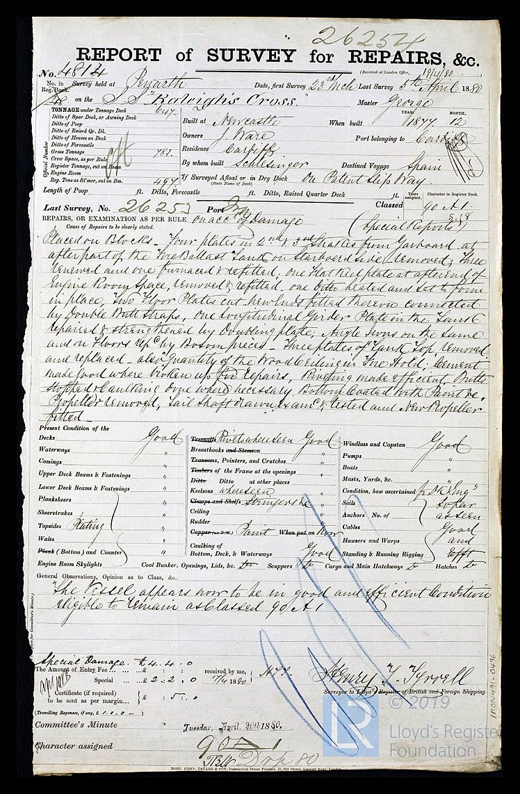 s.s. 'Raleighs Cross' - Report of Survey for Repairs, &c. for Raleighs Cross - 5th April 1880. 