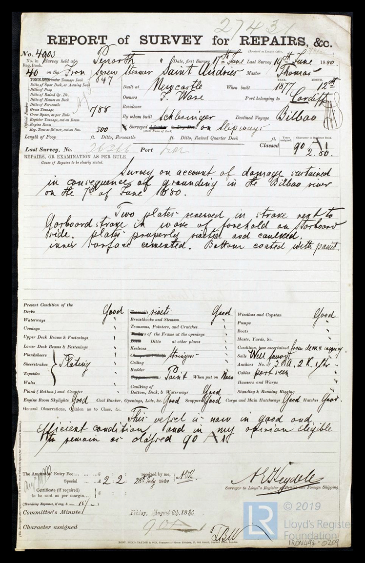 s.s. 'Saint Audries' - Report of Survey for Repairs, &c. for Saint Audries - 19th June 1880.