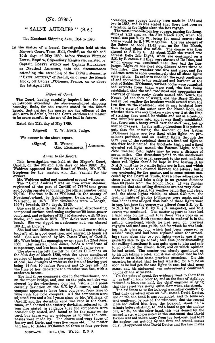 s.s. 'Saint Audries' - The formal investigation into the loss of the steamship 'Saint Audries' was held at the Mayor's Court within the Town Hall at Cardiff on the 9th and 10th of May 1889. -&nbsp;page 1 of 2.