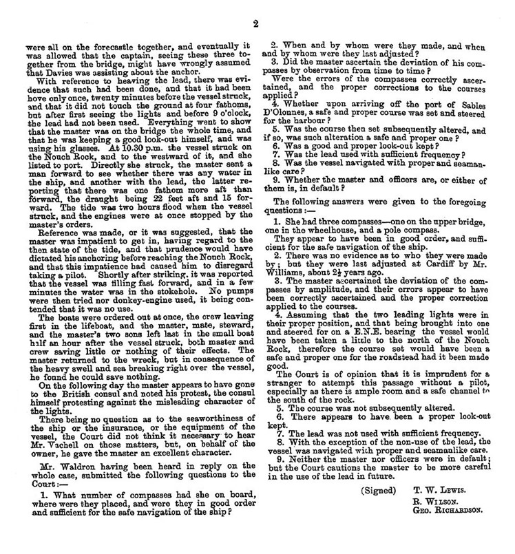 s.s. 'Saint Audries' - The formal investigation into the loss of the steamship 'Saint Audries' was held at the Mayor's Court within the Town Hall at Cardiff on the 9th and 10th of May 1889. -&nbsp;page 2 of 2.