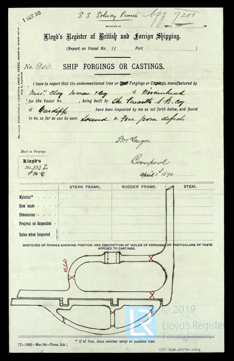 s.s. 'Solway Prince' - Ship Forgings or Castings Form for Solway Prince - 1st April 1890. 