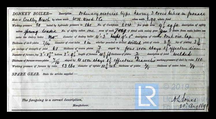 s.s. 'Solway Prince' - Report on Machinery for Solway Prince - 1st August 1890. 