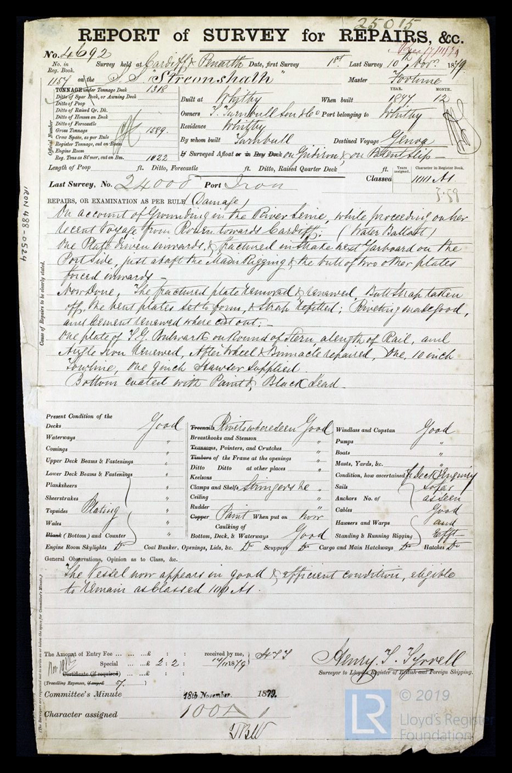 s.s. 'Streonshalh' - Report of Survey for Repairs, &c. for Streonshalh - 10th November 1879.