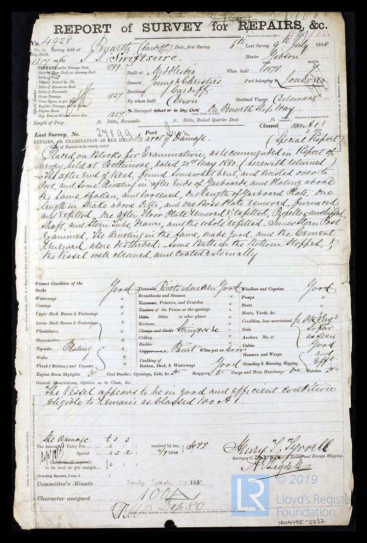 s.s. 'Swiftsure' - Report of Survey for Repairs, &c. for Swiftsure - 9th July 1880. 