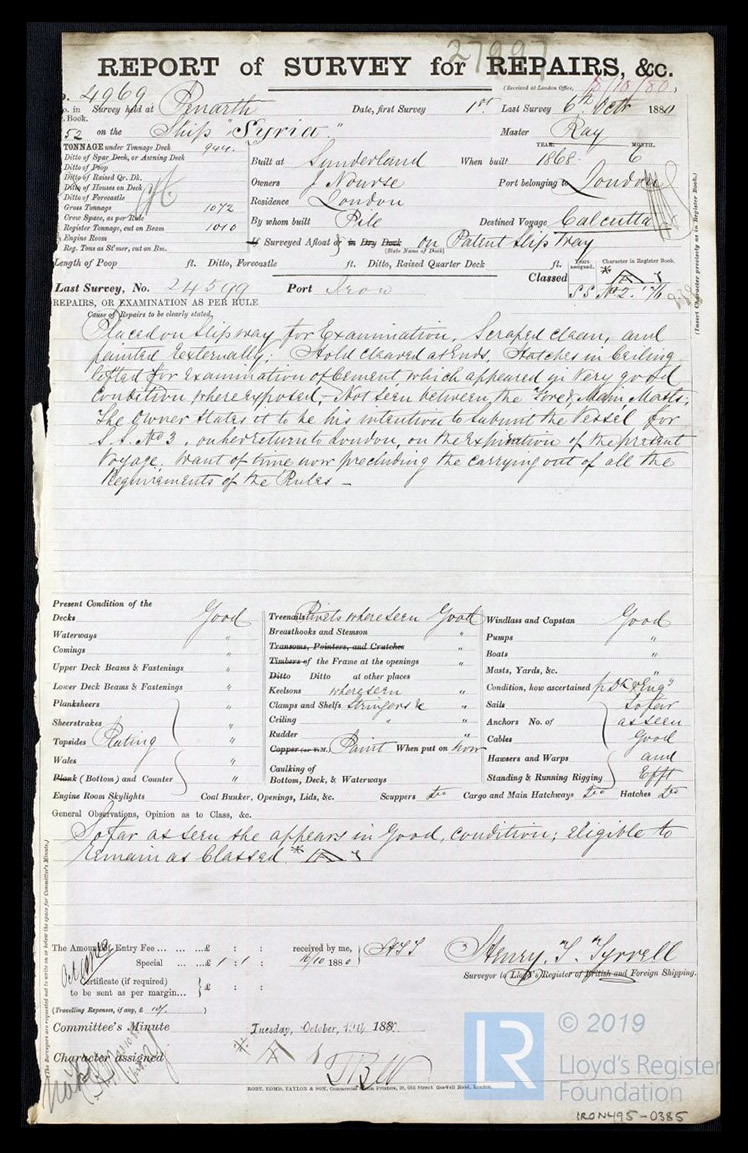 s.v. 'Syria' - Report of Survey for Repairs, &c. for Syria - 6th October 1880. 