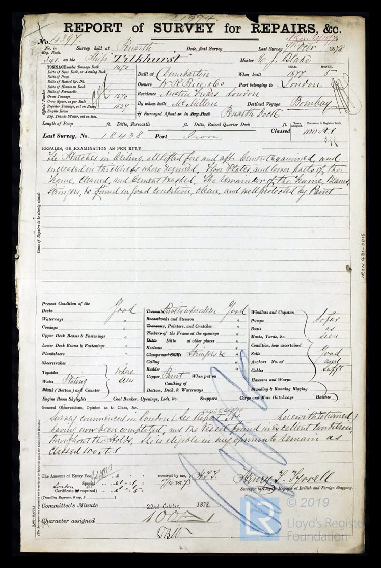 s.v. 'Tilkhurst' - Report of Survey for Repairs, &c. for Tilkhurst - 7th October 1878. 