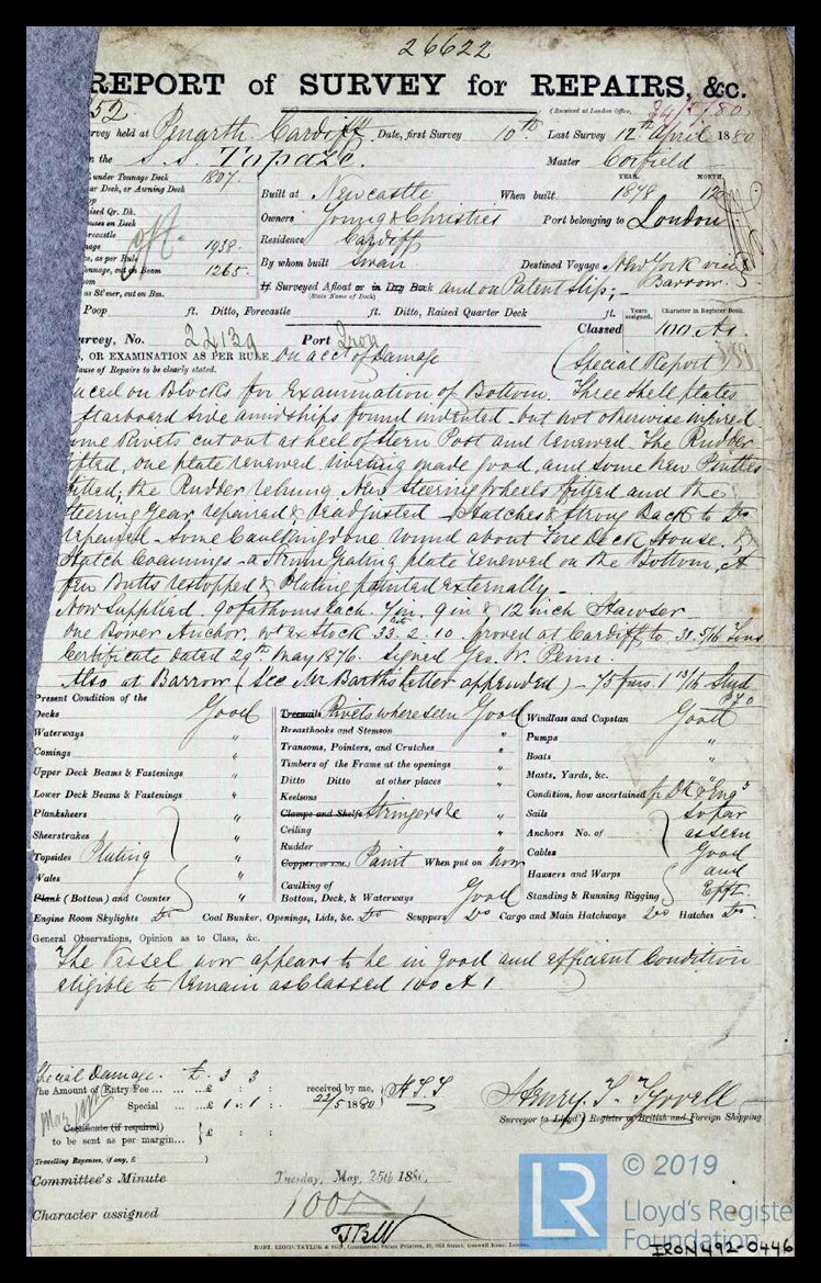 s.s. 'Topaze' - Report of Survey for Repairs, &c. for Topaze - 12th April 1880.