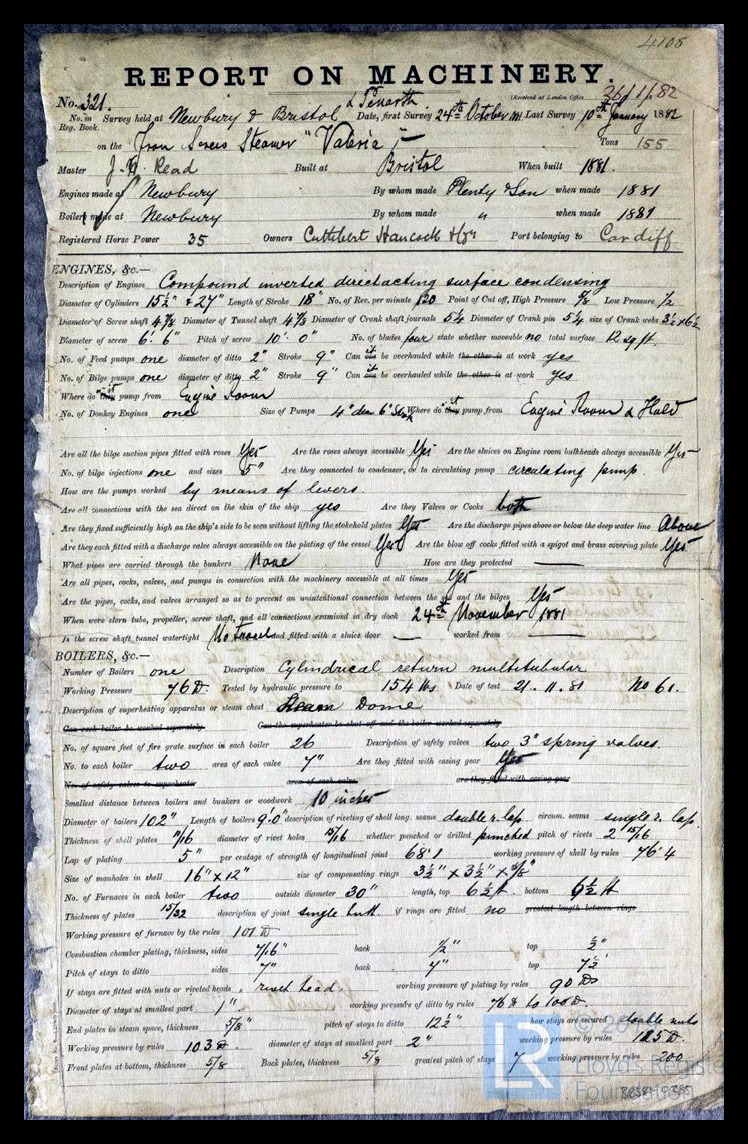 s.s. 'Valeria' - Report on Machinery for Valeria - 10th January 1882 - page 1 of 2. 
