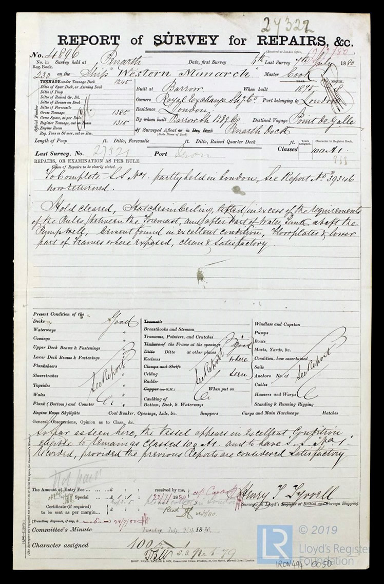 s.s. 'Western Monarch' - Report of Survey for Repairs, &c. for Western Monarch - 7th July 1880. 