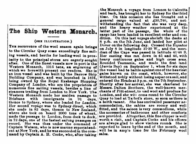 s.v. 'Western Monarch' -&nbsp;A news article featuring the immigrant sailing vessel the 'Western Monarch'.