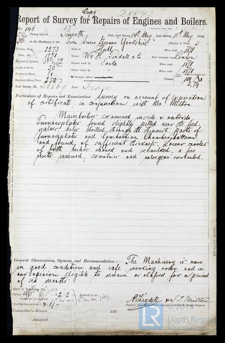 s.s. 'Yorkshire' - Report of Survey for Repairs of Engines & Boilers for Yorkshire - 18th May 1880. 