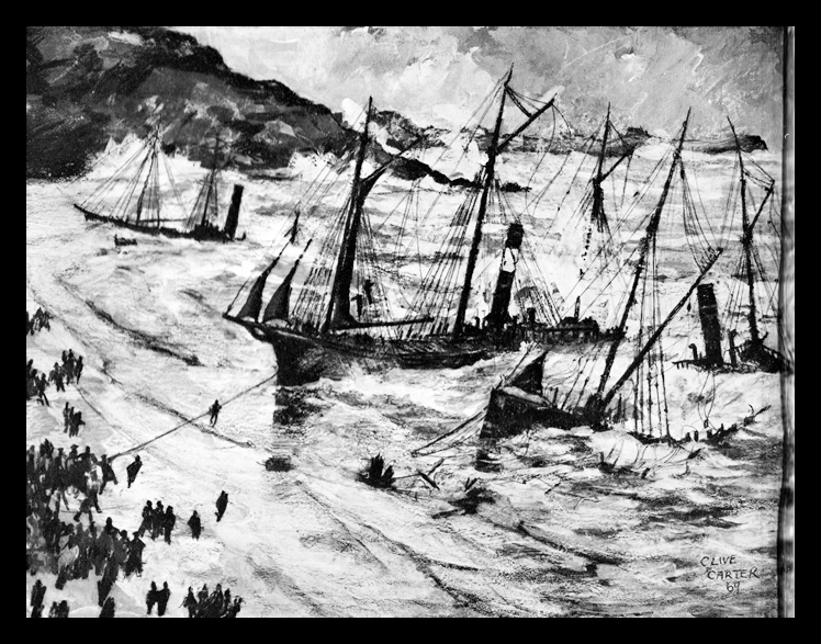 The 'Cintra' Gale -&nbsp;A photograph featured within the fine book 'Cornish Shipwrecks' : Volume 2 : The North Coast, by Clive Carter, of (left to right) the colliers 'Cintra,' 'Bessie' and 'Vulture' wrecked at Carbis Bay on 17th November 1893.